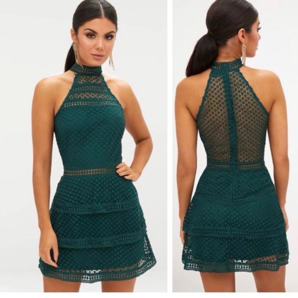 💚 PrettyLittleThing Emerald Green Lace Panel Tiered Bodycon Dress 💚